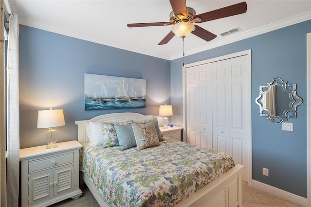 1254 Cielo Ct, North Venice, FL 34275 - bedroom with visible vents, carpet, a closet, ceiling fan, and crown molding