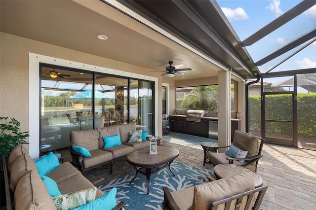 1254 Cielo Ct, North Venice, FL 34275 - view of patio / terrace featuring exterior kitchen, glass enclosure, a grill, outdoor lounge area, and ceiling fan
