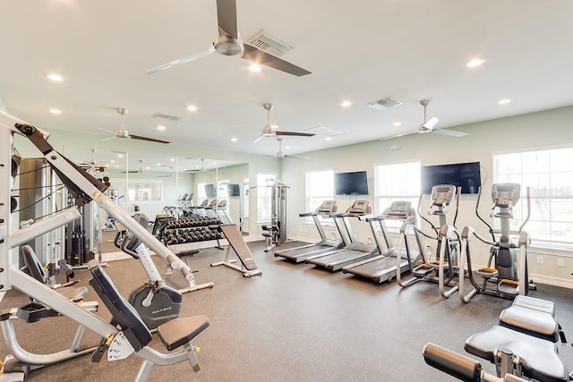 25525 Lambert Ln, Punta Gorda, FL 33950 - workout area featuring visible vents, a ceiling fan, recessed lighting, and a healthy amount of sunlight