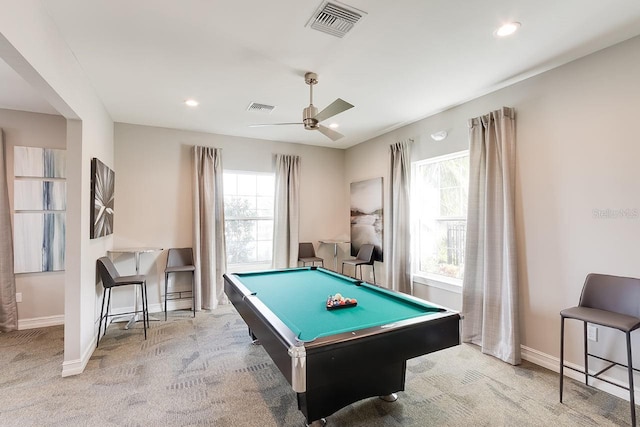 25525 Lambert Ln, Punta Gorda, FL 33950 - recreation room with carpet flooring, visible vents, billiards, and ceiling fan