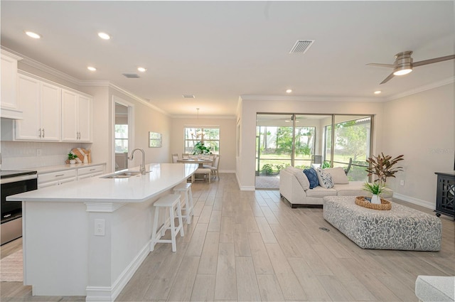 288 Soliera St, Nokomis, FL 34275 - kitchen with a sink, light wood finished floors, open floor plan, visible vents, and stainless steel electric stove