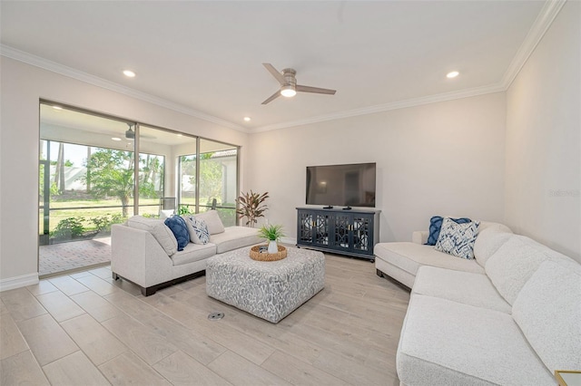 288 Soliera St, Nokomis, FL 34275 - living room featuring crown molding, light wood-style flooring, recessed lighting, and a ceiling fan