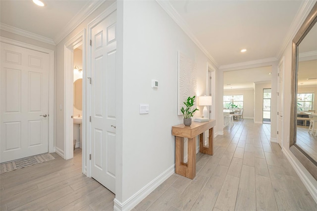 288 Soliera St, Nokomis, FL 34275 - corridor featuring light wood finished floors, baseboards, crown molding, and recessed lighting