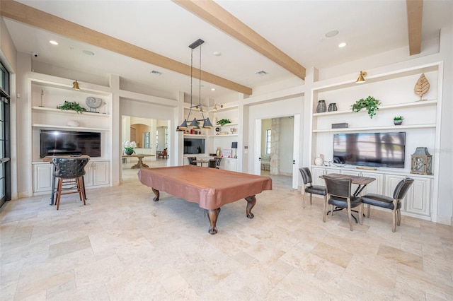 288 Soliera St, Nokomis, FL 34275 - rec room with beamed ceiling, billiards, and built in features