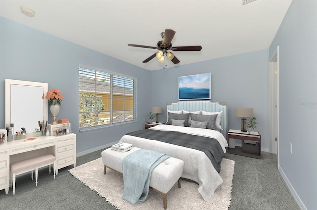 bedroom featuring carpet floors, baseboards, and ceiling fan