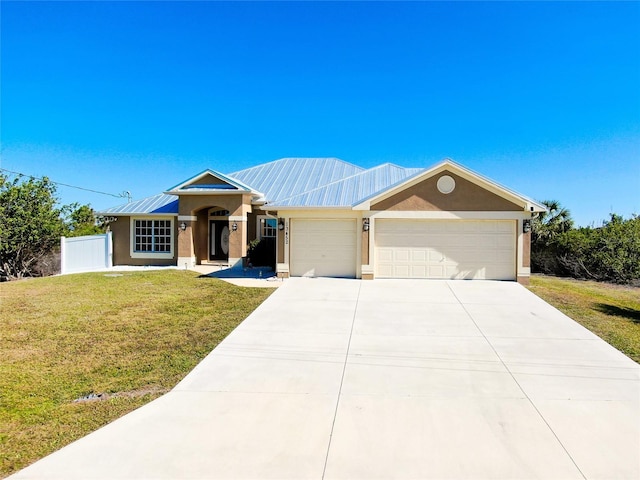 13452 High Springs Ave, Port Charlotte, FL 33981 - ranch-style home featuring an attached garage, a front lawn, stucco siding, driveway, and a metal roof