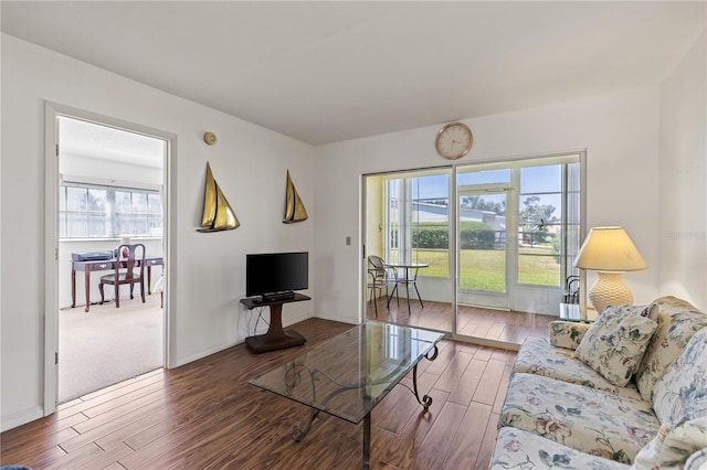 living area with baseboards and wood finished floors