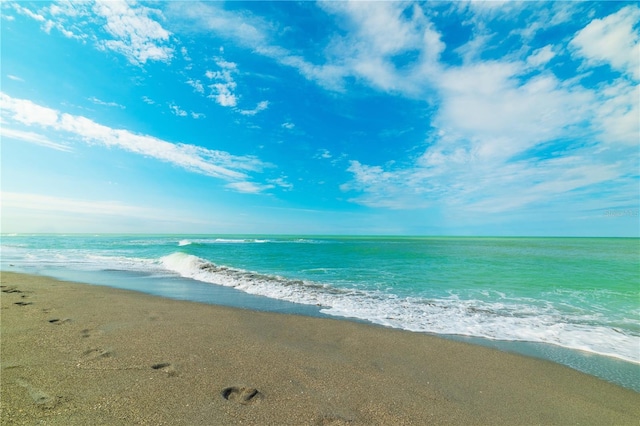 property view of water featuring a beach view