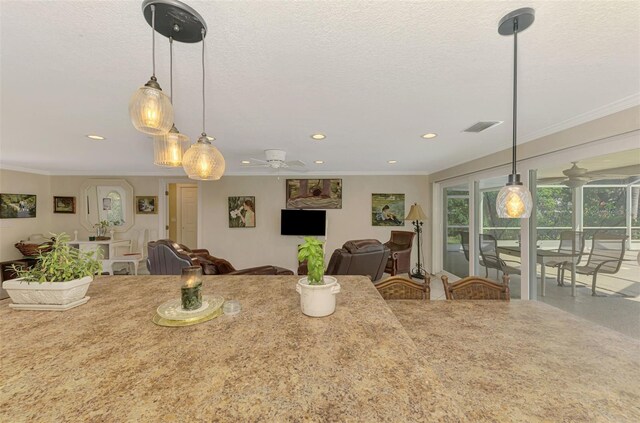 403 Picasso Dr, Nokomis, FL 34275 - dining area with recessed lighting, ornamental molding, a textured ceiling, visible vents, and ceiling fan