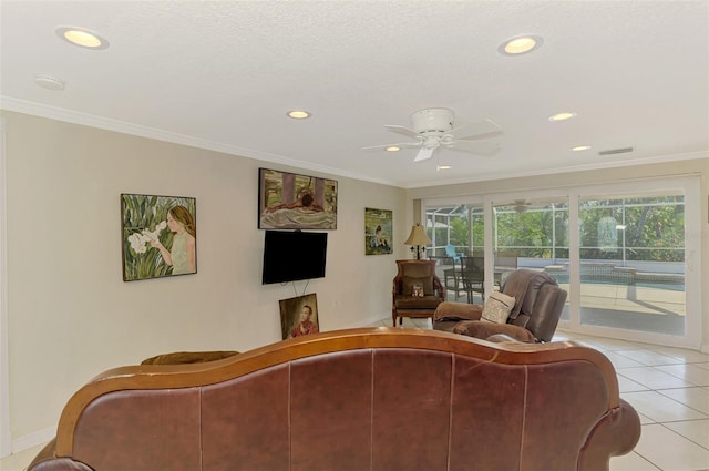 403 Picasso Dr, Nokomis, FL 34275 - living area featuring a ceiling fan, ornamental molding, and recessed lighting