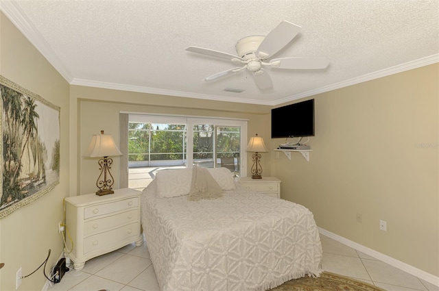 403 Picasso Dr, Nokomis, FL 34275 - bedroom featuring crown molding, light tile patterned floors, baseboards, a textured ceiling, and ceiling fan