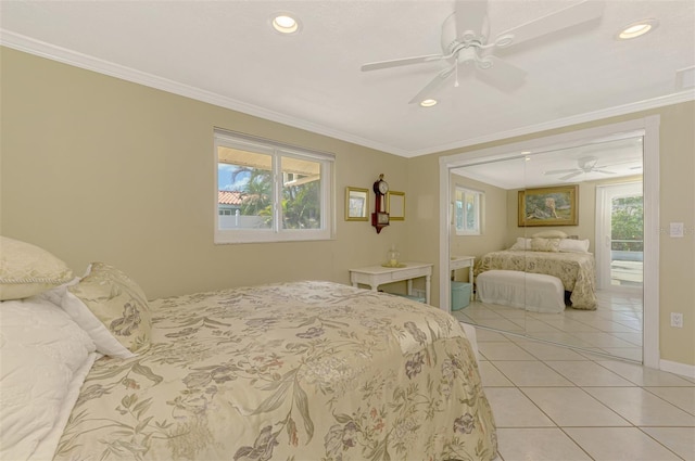 403 Picasso Dr, Nokomis, FL 34275 - bedroom with multiple windows, ceiling fan, ornamental molding, and light tile patterned floors