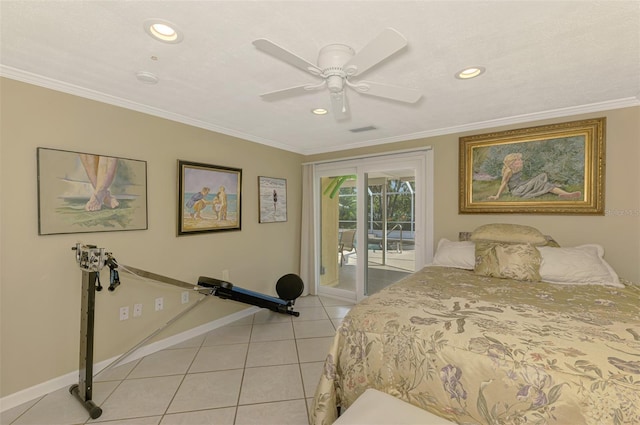 403 Picasso Dr, Nokomis, FL 34275 - bedroom featuring crown molding, baseboards, light tile patterned flooring, access to exterior, and visible vents