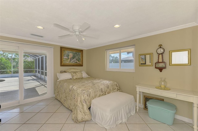 403 Picasso Dr, Nokomis, FL 34275 - bedroom with light tile patterned flooring, access to exterior, visible vents, and ornamental molding