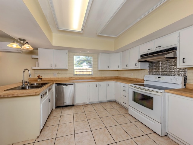 200 Sierra St S, Nokomis, FL 34275 - kitchen featuring backsplash, a sink, stainless steel dishwasher, white range with electric stovetop, and under cabinet range hood
