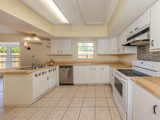 200 Sierra St S, Nokomis, FL 34275 - kitchen with a peninsula, white electric stove, dishwasher, under cabinet range hood, and a sink