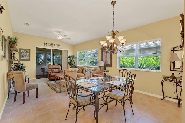 121 Auburn Woods Cir, Venice, FL 34292 - dining area with light tile patterned flooring, ceiling fan with notable chandelier, lofted ceiling, baseboards, and visible vents
