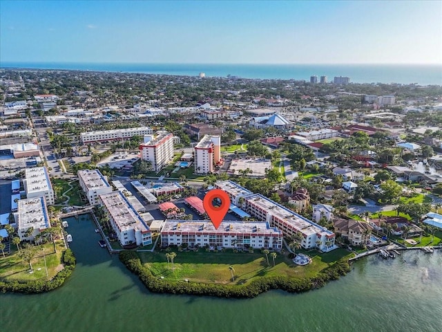 aerial view featuring a water view and a view of city