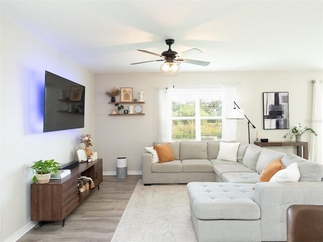 4907 Wedgeleaf Way, Palmetto, FL 34221 - living room with baseboards, ceiling fan, and light wood-style flooring