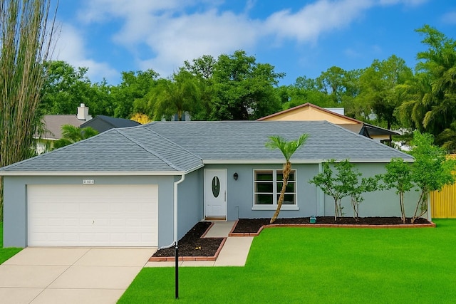 4068 Palau Dr, Sarasota, FL 34241 - ranch-style house with stucco siding, an attached garage, roof with shingles, driveway, and a front lawn