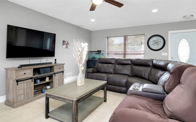 4068 Palau Dr, Sarasota, FL 34241 - living room featuring ceiling fan, plenty of natural light, light tile patterned floors, and recessed lighting