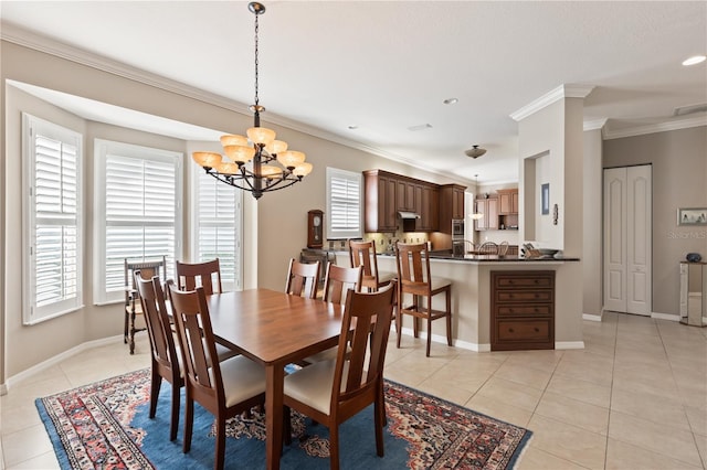 1625 Lancashire Dr, Venice, FL 34293 - dining room featuring light tile patterned floors, a notable chandelier, baseboards, and crown molding