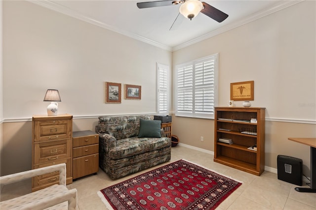 1625 Lancashire Dr, Venice, FL 34293 - sitting room with baseboards, a ceiling fan, ornamental molding, and light tile patterned flooring