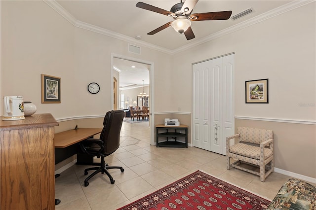 1625 Lancashire Dr, Venice, FL 34293 - office featuring light tile patterned floors, visible vents, ornamental molding, and ceiling fan