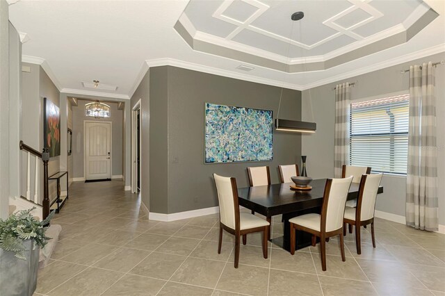 24193 Gallberry Dr, Venice, FL 34293 - dining room with ornamental molding, light tile patterned floors, baseboards, and a chandelier