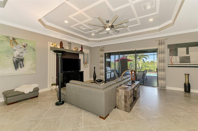 24193 Gallberry Dr, Venice, FL 34293 - living room featuring baseboards, light tile patterned floors, crown molding, visible vents, and ceiling fan