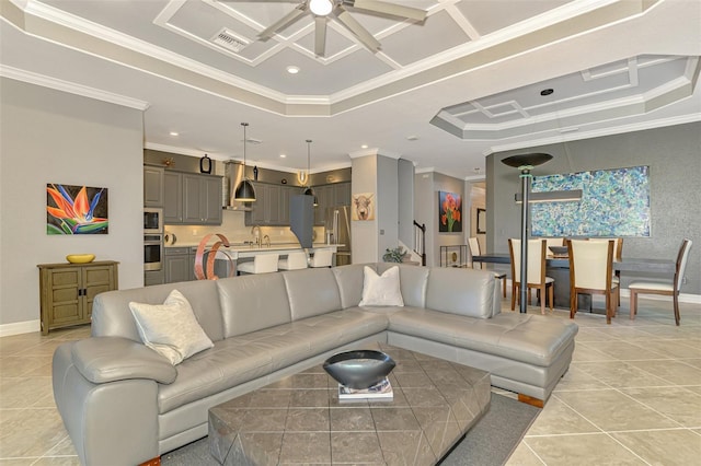 24193 Gallberry Dr, Venice, FL 34293 - living area with a ceiling fan, light tile patterned floors, ornamental molding, and visible vents