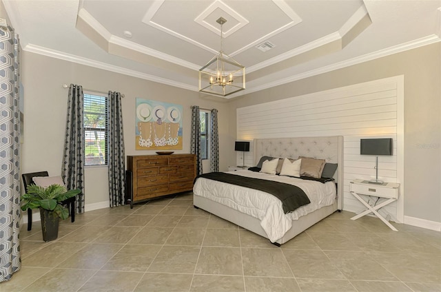 24193 Gallberry Dr, Venice, FL 34293 - bedroom with light tile patterned floors, a tray ceiling, an inviting chandelier, and crown molding