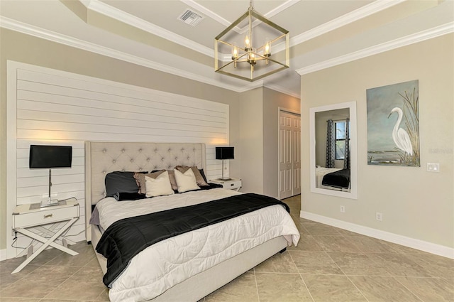 24193 Gallberry Dr, Venice, FL 34293 - tiled bedroom featuring crown molding, visible vents, a tray ceiling, and an inviting chandelier