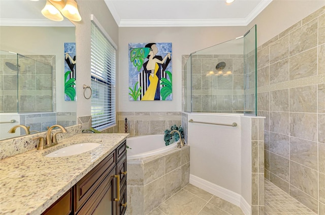24193 Gallberry Dr, Venice, FL 34293 - bathroom featuring ornamental molding, a walk in shower, vanity, tile patterned floors, and a garden tub