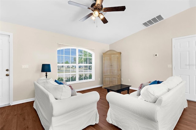 511 Porpoise Rd, Venice, FL 34293 - living room with vaulted ceiling, a ceiling fan, wood finished floors, and visible vents
