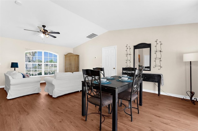 511 Porpoise Rd, Venice, FL 34293 - dining space featuring vaulted ceiling, a ceiling fan, visible vents, and light wood-type flooring
