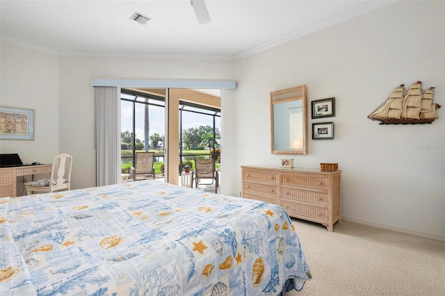 bedroom featuring access to outside, crown molding, light carpet, and baseboards