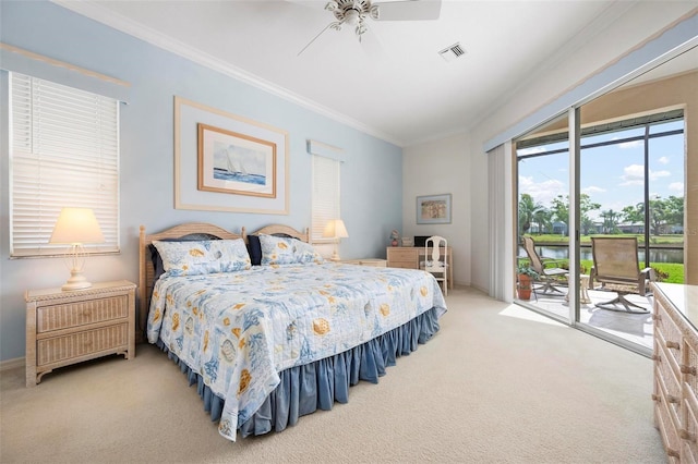 carpeted bedroom featuring a ceiling fan, access to exterior, ornamental molding, and visible vents