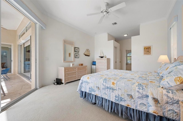 carpeted bedroom featuring access to outside, ceiling fan, ornamental molding, and visible vents