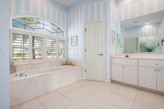 full bathroom featuring a bath, vanity, tile patterned flooring, a shower, and wallpapered walls