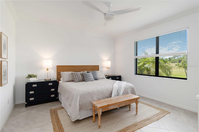 24153 Spartina Dr, Venice, FL 34293 - bedroom featuring ornamental molding, baseboards, a ceiling fan, and light tile patterned flooring