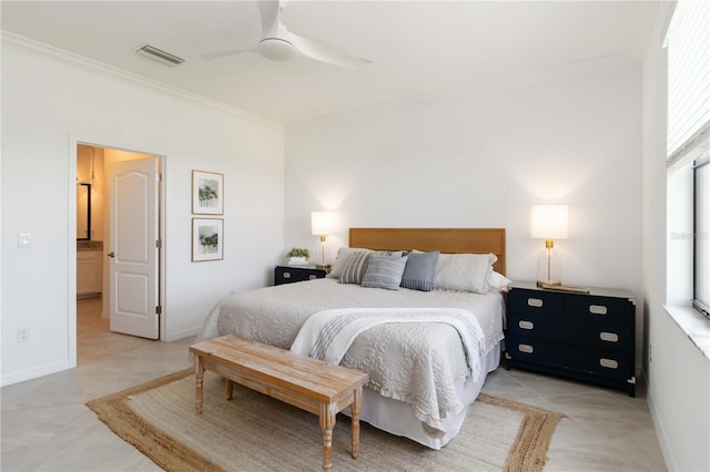 24153 Spartina Dr, Venice, FL 34293 - bedroom with visible vents, baseboards, ornamental molding, and ceiling fan