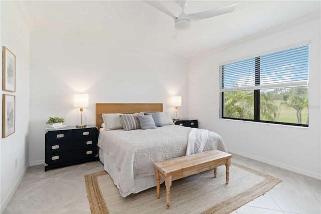24153 Spartina Dr, Venice, FL 34293 - bedroom with ornamental molding, baseboards, a ceiling fan, and light tile patterned flooring