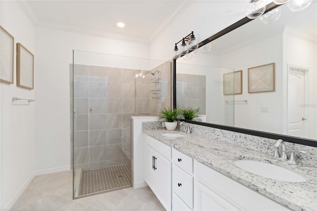 24153 Spartina Dr, Venice, FL 34293 - bathroom with tile patterned floors, crown molding, a sink, and walk in shower