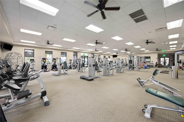 24153 Spartina Dr, Venice, FL 34293 - exercise room featuring carpet floors, a paneled ceiling, visible vents, and plenty of natural light