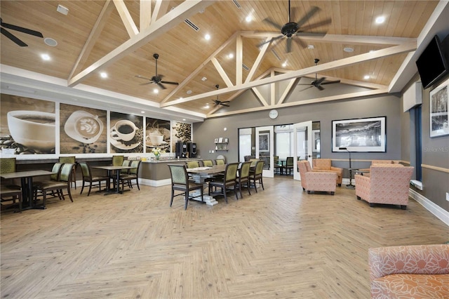 24153 Spartina Dr, Venice, FL 34293 - dining space featuring baseboards, ceiling fan, and wood ceiling