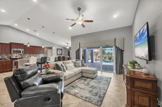 194 Sportsman Rd, Rotonda West, FL 33947 - living area with high vaulted ceiling, ceiling fan, recessed lighting, and light tile patterned floors