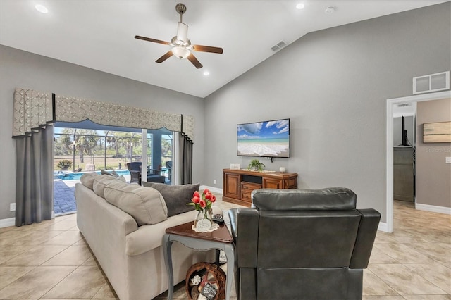 194 Sportsman Rd, Rotonda West, FL 33947 - living room featuring light tile patterned flooring, visible vents, baseboards, and ceiling fan
