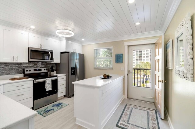 kitchen featuring ornamental molding, a peninsula, light countertops, white cabinetry, and stainless steel appliances