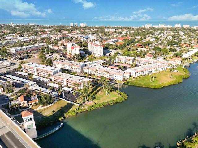 drone / aerial view with a water view and a view of city
